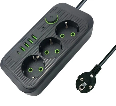 Подовжувач мережевий UA Power F09U, 4USB, Type-C, 3 розетки, 6 м, чорний
