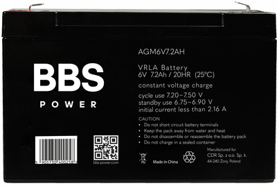 Akumulator BBS Power AGM6V7.2AH AGM VRLA 6 V 7.2 Ah