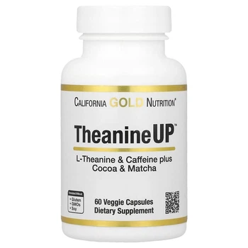 L-Теанин и кофеин California GOLD Nutrition "TheanineUP" с какао и матчей для энергии и концентрации, 100 мг / 100 мг (60 растительных капсул)