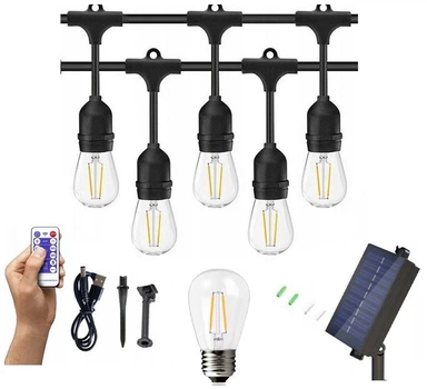 Уличная гирлянда Solar Retro LED Edison с 10 лампами в комплекте с солнечной батареей с опцией подзарядки от сети для внешнего использования при любых условиях