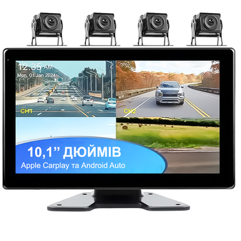 Автомобильный монитор 10.1" с 4-мя камерами заднего вида Podofo A3768, парковочный комплекс для грузовых автомобилей с видеорегистратором, Android Auto/CarPlay, Bluetooth, FM, Wi-Fi (1135)