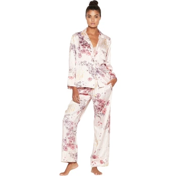 Сатиновая пижама Victoria's Secret Satin Long Pajama Set Striped Flowers XS Розовая в полоску