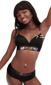 Комплект белья PINK Victoria’s Secret Wireless Shine Push-Up Bra Love со стразами 75B Черный