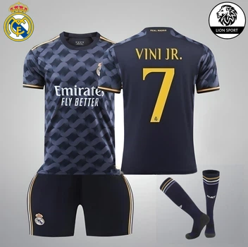 Комплект футбольная детская форма Lion SPORT Real Madrid VINI JN. (ВИнисиус Жуниор) 7, с гетрами (размер 34-38), размер 24 размер, рост 130-140 см, черный с оранжевым