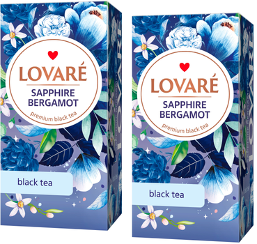 Упаковка чорного цейлонського та кенійського чаю вищого ґатунку Lovare Sapphire Bergamot з олією бергамоту та пелюстками квітів волошки в індивідуальних конвертах 24 пакетики х 2 шт (2000989193807)