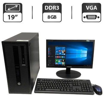 Комплект ПК: компьютер HP EliteDesk 800 G1 Tower / Intel Core i3-4130 (2 (4) ядра по 3.4 GHz) / 8 GB DDR3 / 500 GB HDD / Intel HD Graphics 4400 / DVD-ROM + Монитор Samsung SyncMaster E1920 / 19" (1366x768) TN / VGA б/у