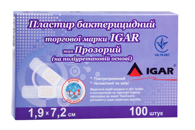 Пластир бактерицидний IGAR Прозорий (на поліуретановій основі) 1,9 × 7,2 см (100шт/уп)