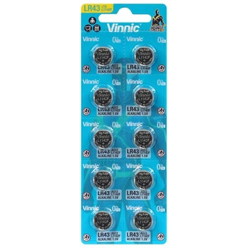 Батарейка щелочная Vinnic LR43 x10 L1142F (G12/AG12/L1142/LR43/186), 1.5V, блистер 10шт разрывной