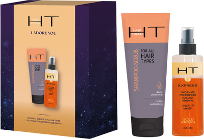 Подарунковий набір для догляду за волоссям Hair Trend I Adore You Шампунь-скраб 250 мл + Двофазний кондиціонер Gold Argana 200 мл (4820185227971)