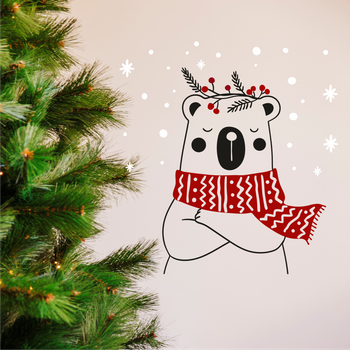Новогодняя наклейка Медведь с красным шарфом снежинки снежки Happy Pocket Черный матовая Набор M (HP-116M-070-030M)