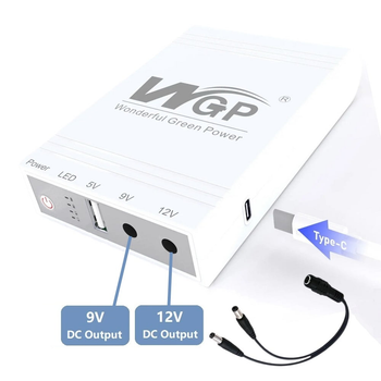 Mini UPS WGP 103B, Powerbank на 10400Mah, Виходи USB, DC 9V, 12V. ДБЖ для Роутерів зарядка від Type C + Кабель розподілу