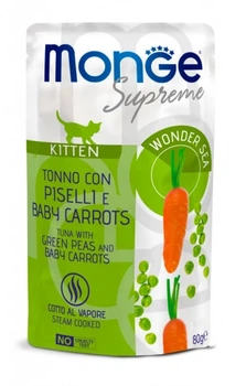 Вологий корм MONGE Supreme Kitten Cat Tuna Flakes with Green Peas and Baby Carrots для кошенят тунець з горошком і міні морквою 80 г