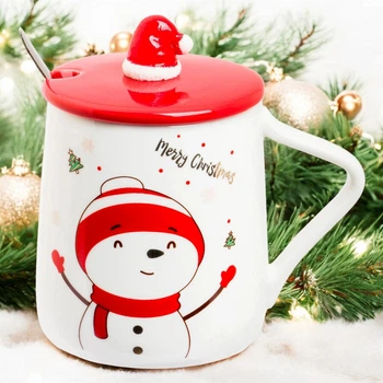 Новорічна чашка з кришкою і ложкою "Merry Christmas", 360мл, кераміка, Сніговик