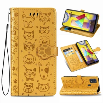 Чехол Embossed Cat and Dog для Samsung Galaxy M31 / M315 книжка кожа PU с визитницей желтый