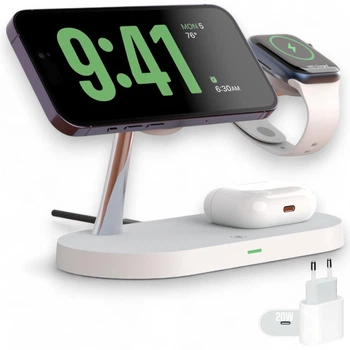 Бездротова зарядка magsafe док станція 3 в 1 QINETIQ Magsafe T268 33W для Apple iPhone 12 13 14 15 16, apple watch 2-9 SE Ultra AirPods з Qi сертифікацією + adapter біла біла