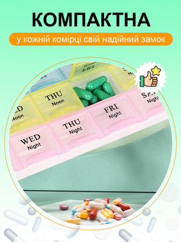 Органайзер для таблеток компактна на 7 днів по 3 прийоми на ранок день та вечір + подарунок роздільник таблеток VMHouse кишенькова міні таблетниця дорожня контейнер блакитний з рожевим (0061-0301)