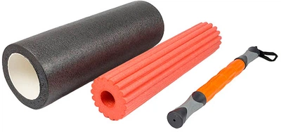 Масажний ролик-валик для МФР та йоги 3 в 1 EasyFit Foam Roller 45х15 см ролер-масажер для спини, ніг, рук та шиї EF-0271 Сірий з помаранчевим (56001086)