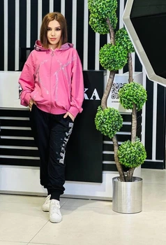 Женский спортивный костюм с капюшоном и со стразами VEDIKA STRIPE, Турция, 56 Чайная роза (розовый)