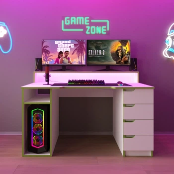 Стіл комп'ютерний ігровий Майнкрафт Люкс з RGB підсвіткою Білий з салатовою крайкою L=1600мм (арт.SKRZ1000-122)