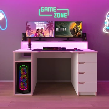 Стол компьютерный игровой Майнкрафт Люкс с подсветкой RGB Белый с розовой кромкой L=1600мм (арт.SKRZ1000-120)