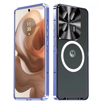 Чехол накладка Metal Glass для Motorola Edge 50 Ultra с металлическим кольцом и дополнительной защитой на камеру blue