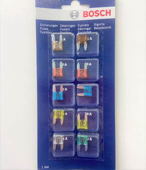 Комплект предохранителей MINI BOSCH ( тип FN ), 10 шт ( 5A + 7.5A + 2x10A + 2x15A + 2x20A + 25A + 30A ) (1 987 529 038)