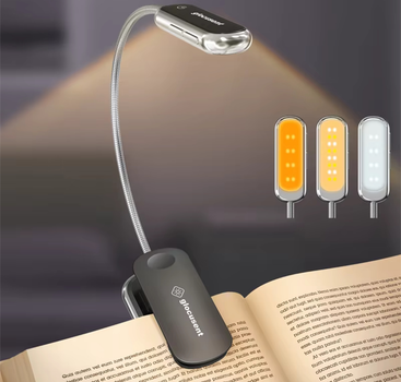 Лампа для чтения книг Аккумуляторная Перезаряжаемая Glocusent 2001 16 LED светодиодов 5 уровней свечения 3000-6000К Гибкая металлическая Clip ножка прищепка Black