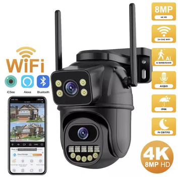 Уличная Wi-FI IP Камера видеонаблюдения icsee 8MP UKC поворотная камера с двумя объективами