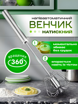 Віночок для збивання натискний ручний напівавтоматичний міксер BRS Silver