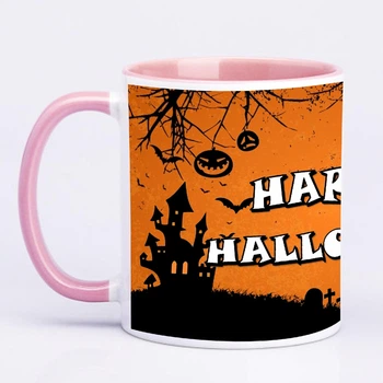 Чашка с печатью "Happy Helloween №2" (цвет розовый) (20862)