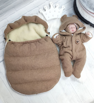 Комплект на виписку для новонародженого на овчині Зимовий комбінезон Teddy і конверт кокон Brown (TeK35)