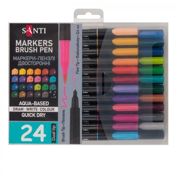Набор акварельных маркеров Santi Brush Pen двухсторонняя кисть/файнлайнер 0.4/1-4 мм 24 цветов (391000)