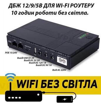Безперебійник ДБЖ для роутеру WI-Fi 12V / 9V / 5v (10 годин автономної роботи) джерело безперебійного живлення повербанк для роутера 18Вт