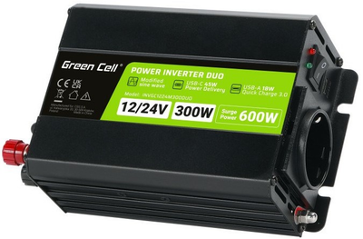 Przetwórnica Greencell 12 V/24 V - 230 V 300 W/600 W Modyfikowana sinusoida (INVGC1224M300DUO)