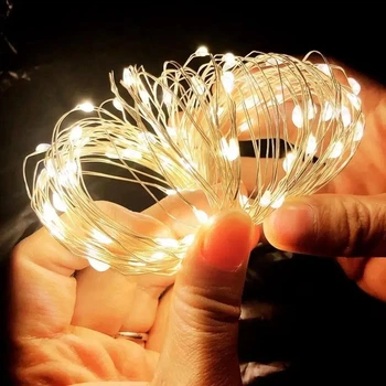 Светодиодная гирлянда нить "Роса" 40 м 400 LED с пультом д/к, серебряная проволока USB, теплый свет OF-11