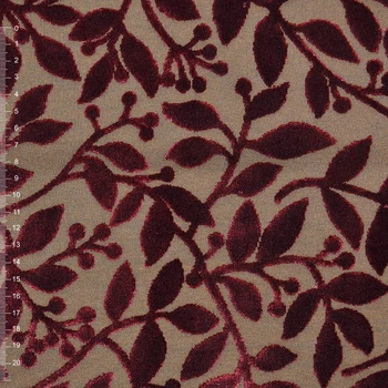 Велюр жаккард мебельный листья бордовые на коричневом фоне, ш.140 (39042.006)