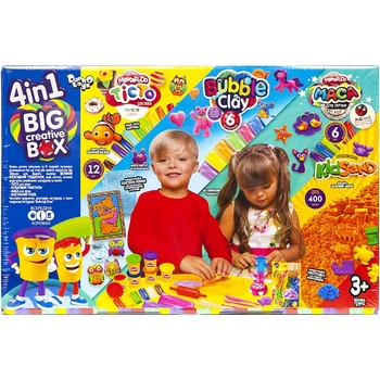 Великий дитячий ігровий набір для творчості 4в1 Danko Toys "BIG CREATIVE BOX. Тісто для ліплення + Кульковий пластилін + Маса для ліплення + Кінетичний пісок BCRB-01-01U