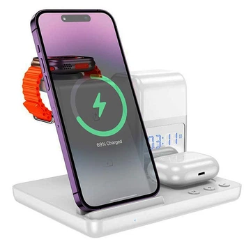 Беспроводная зарядка Qi HOCO CQ9 |15W| Док-станция для iPhone, iWatch, наушников, с часами, будильником и ночником White