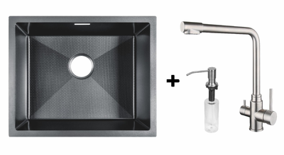 Комплект Gunter&Hauer: Кухонная мойка Ruwer 5522 Black Honey + Кухонный смеситель LUFT Br + Дозатор SOAP DISPENSER Inox