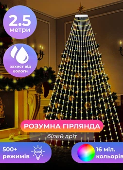 Смарт гірлянда на ялинку з кільцем 2,5 м 250 led управління з телефону пульт USB для дому та вулиці білий провід
