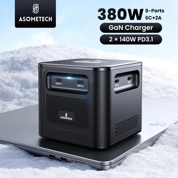 Міні мережевий зарядний пристрій Asometech GaN 380W Desktop з 8 портами (6 USB-C, 2 USB-A, QC 4.0, PD 3.1)