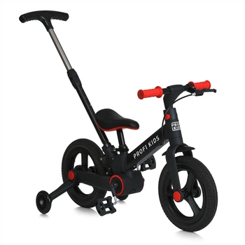 Велосипед-беговел (велобег) PROFI KIDS MB 1021-1 с родительской ручкой и резиновыми колесами 12", Черно-красный
