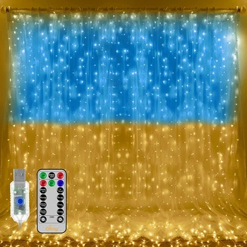 Новогодняя гирлянда Штора флаг Украины с пультом Usb желто-синий 300 LED 2х2 м от USB (или павербанка) 093k