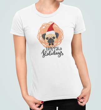 Женская Новогодняя футболка Stedman с принтом Happy holidays Мопс новогодний Белый XL
