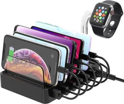 Сетевое зарядное устройство CHOETECH 6 USB-A 68W Charing Station с кабелями 2 Micro USB, 2 Lighting, 2 UCB-C (Q3008-EU-BK)