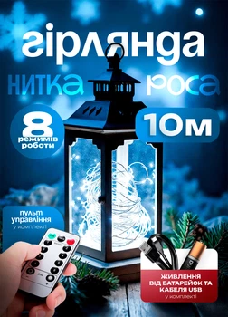 Гірлянда світлодіодна роса новорічна З ПУЛЬТОМ 10м 100Led на батарейках та USB колір White BTB