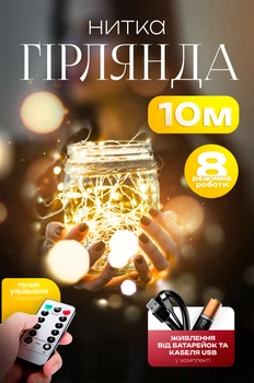 Світлодіодна гірлянда дріт 100 led 10 м на батарейках та USB Теплий жовтий Ava