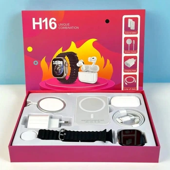 Умные смарт-часы H16 Ultra 49mm Megabox набор 5в1 с наушниками и беспроводной зарядкой черные