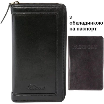 Чоловіче дорожнє портмоне з натуральної шкіри на блискавці з відділенням для паспорта та карт, чорне 66689