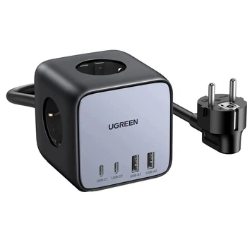 Універсальний зарядний пристрій 65 Вт з 2 розетками, 4 USB портами, чорно-сіре